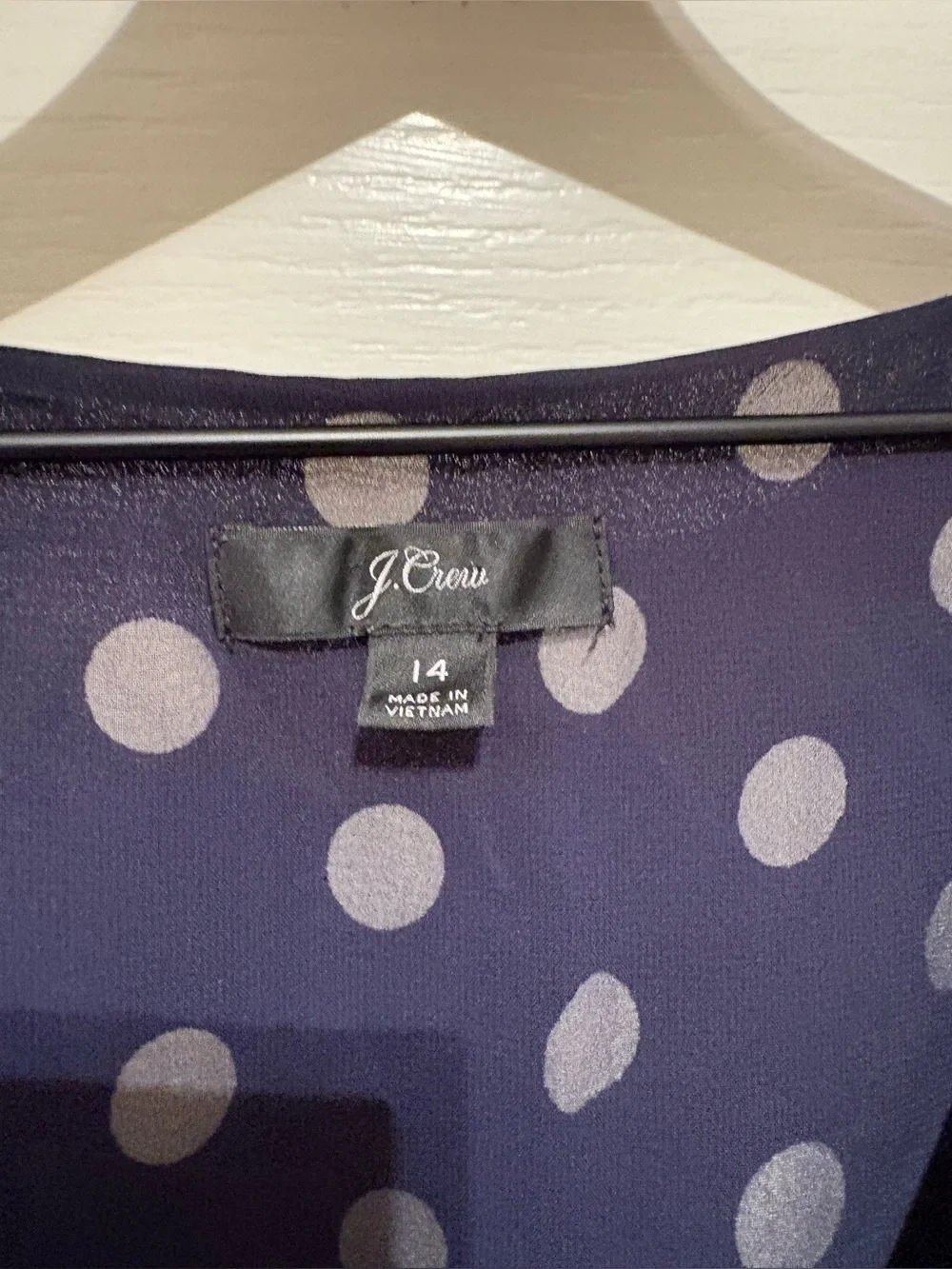 Women’s J. Crew long sleeve peplum top polka dots, button, side zip size 14